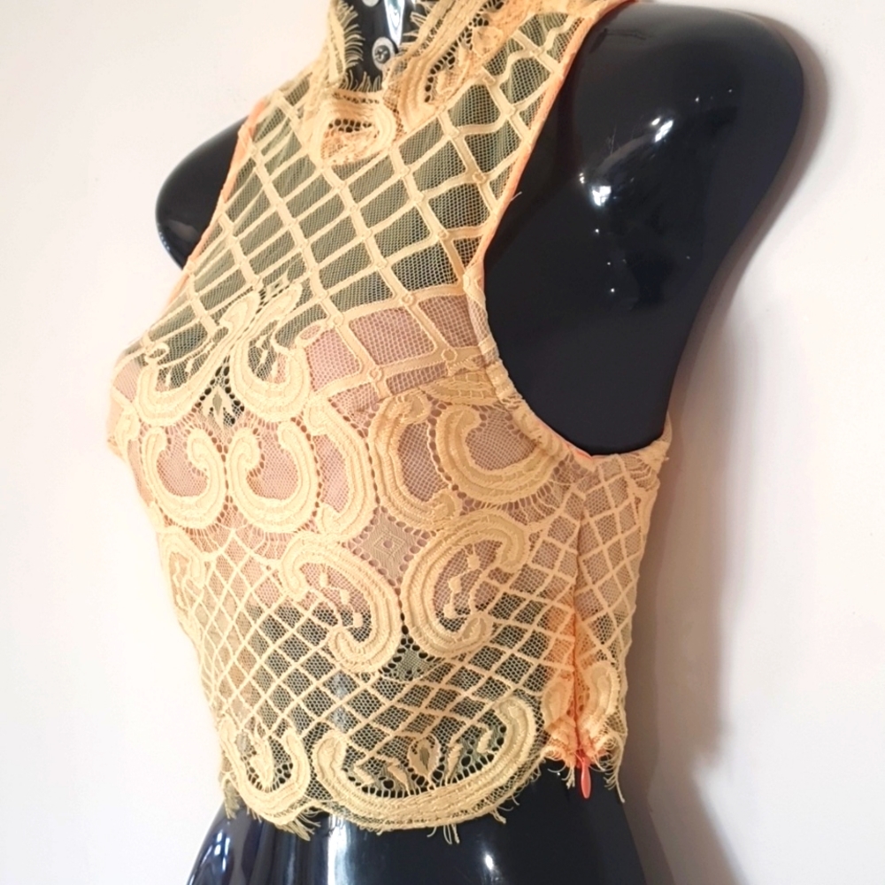 Morning Mist Size 8 Yellow & Neon Lace Crop Top - Picture 2 of 5